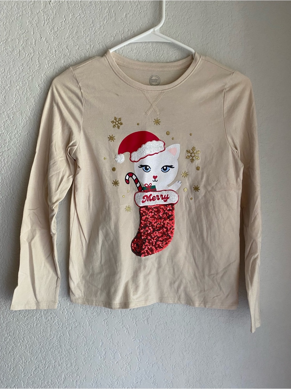 wonder nation Beige Long-Sleeve Holiday Cat Sequin Stocking Tee